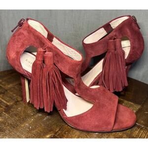 Kate Spade Inga Heels W/Tassel Size 6.5 Suede T-Strap Open Toe Stiletto Red Wine